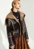 Womens Dark Brown Leather Shearling Long Collar Jacket
