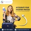 Happy woman ready for travel adventure with her passport and suitcase