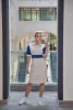 Super cute dress in shades of royal blue, stone and white. Zippered front. - Haute Hayah