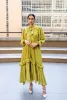 Gorgeous lime green silk chiffon maxi dress with with cut work and embroidery detail on the sleeves. Ruffles, pleats and frills complete this beautifully feminine dress. - Haute Hayah