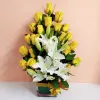 Yellow White Flowers in Vase | Roses and Oriental Lilies Arrangement